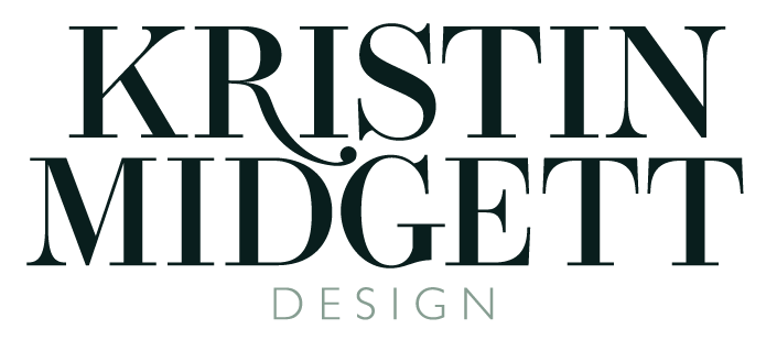 A dark background highlights the elegant text: "KRISTIN MIDGETT DESIGN," featuring classic serif fonts in a sophisticated design layout.
