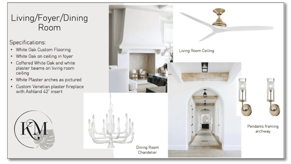 Modern living space design featuring white oak flooring, Venetian plaster fireplace, arches, ceiling fan, chandelier, and pendant lights, with detailed specifications.