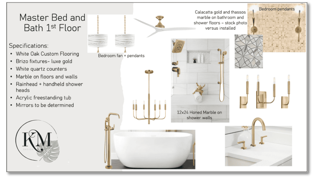 Luxury master bed and bath design with white oak flooring, marble details, Brizo gold fixtures, freestanding tub, pendants, and quartz counters.