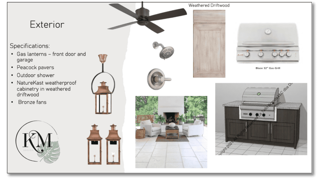 Exterior home design layout featuring gas lanterns, outdoor shower, bronze fans, weatherproof cabinetry, barbecue grill, and patio seating arrangement.