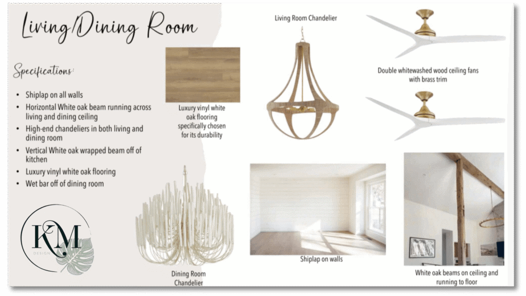 Living/Dining room design featuring chandeliers, oak beams, white oak flooring, ceiling fans, and shiplap walls. Includes a designer logo.