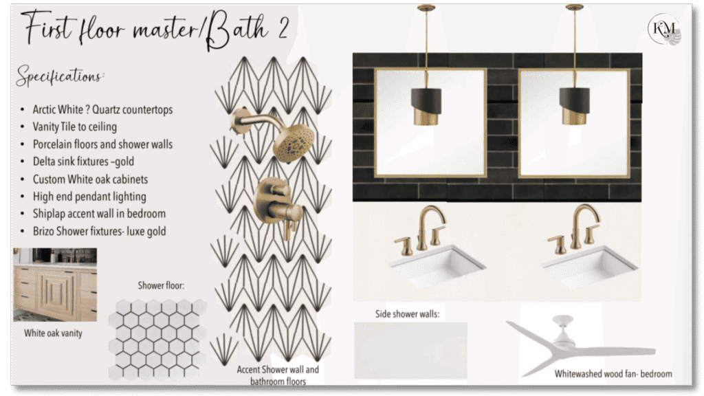 Bathroom design features quartz countertops, gold fixtures, white oak cabinets, and pendant lighting. Includes hexagonal shower tiles and geometric accent wall.