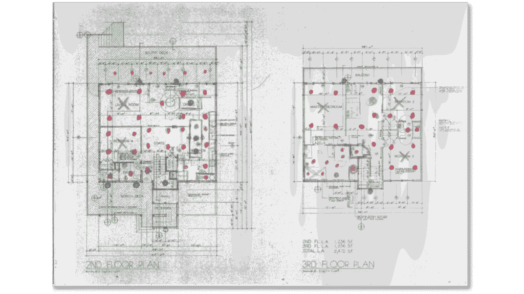 Architectural floor plans of a two-story building, detailing layout of rooms, stairs, and decks, with red markings on various locations.