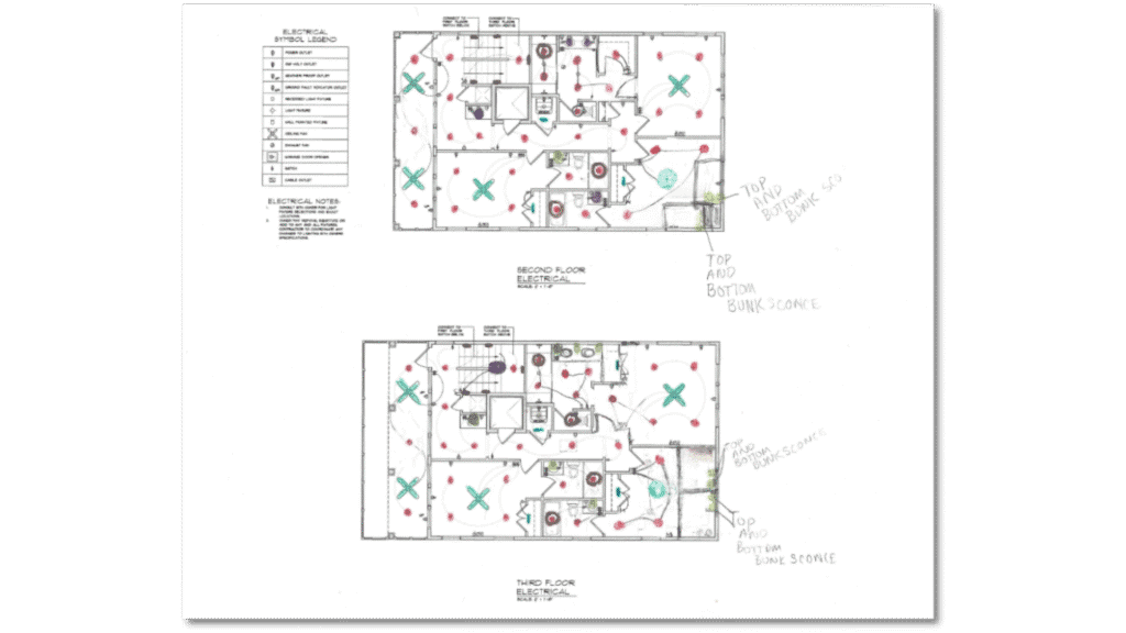 This image shows detailed electrical blueprints for the second and third floors, featuring outlets, switches, and lighting placements with annotations.