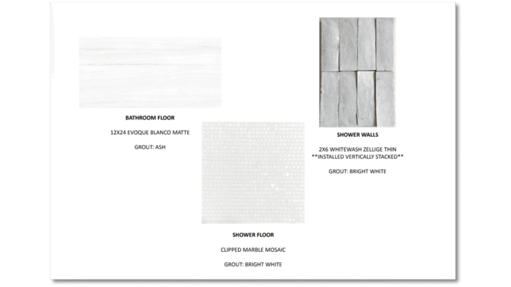 A selection of tiles for bathroom and shower, featuring evoque blanco matte, clipped marble mosaic, and whitewash zellige thin with ash and bright white grout.