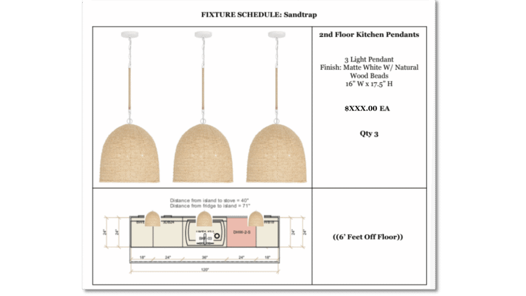 Three woven light pendants detailed in a fixture schedule. Includes kitchen layout with dimensions. Suitable for a second-floor installation.